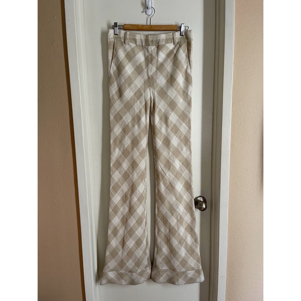 Beige and white plaid linen wide leg pants